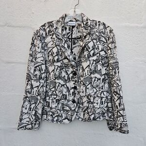 Chicos Jacket Womens 1 Black‎ White Silk Cropped Blazer Pockets Artsy Graphic